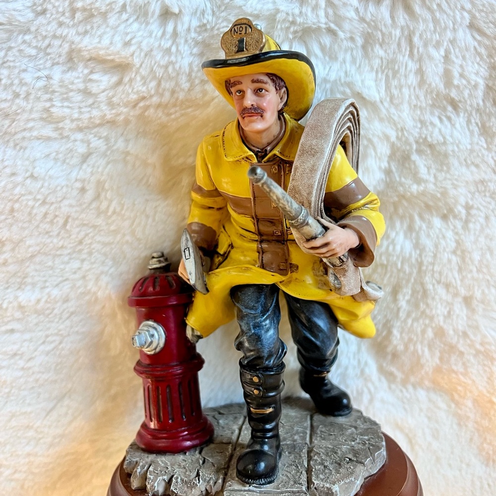 Red Hats of Courage Vintage Firefighter Figurine with Hose and Hydrant